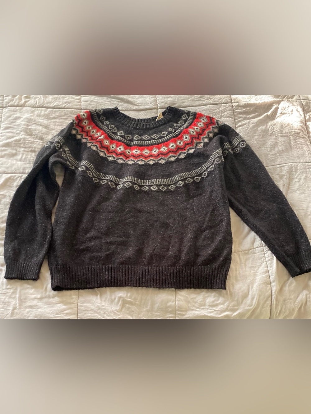 Weatherproof Men's Black Crewneck Sweater with Red and Gray Fair Isle Yoke